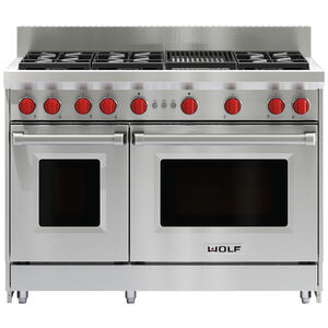 Wolf 48 in. 6.9 cu. ft. Standard Convection Double Oven Gas Range with 6 Sealed Burners & Grill - Stainless Steel, , hires
