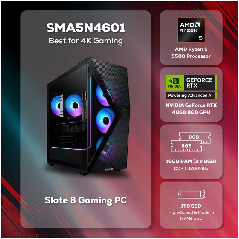 iBUYPOWER Slate Gaming Desktop With AMD Ryzen 5 5500, 3.6 GHz, 6-Core CPU, NVIDIA GeForce RTX 4060, 8GB VRAM GPU, 16 GB RAM, 1 TB SSD & Windows 11 Home - Black, , hires