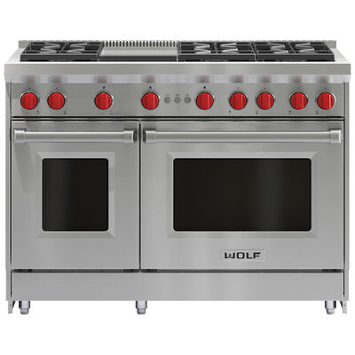 Wolf 48 in. 6.9 cu. ft. Standard Convection Double Oven Gas Range with 6 Sealed Burners & Griddle - Stainless Steel | GR486G