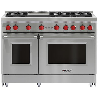 Wolf 48 in. 6.9 cu. ft. Double Oven Freestanding Gas Range with 6 Sealed Burners & Griddle - Stainless Steel | GR486G