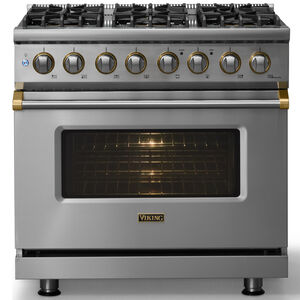 Viking 5 Series 36 in. 5.6 cu. ft. True European Convection Dual Fuel Range with 6 Sealed Burners - Stainless Steel - Natural Gas, Brushed Brass Trim Option, , hires