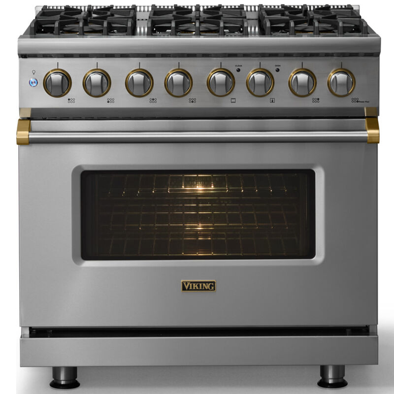 Viking 5 Series 36 in. 5.6 cu. ft. True European Convection Dual Fuel Range with 6 Sealed Burners - Stainless Steel - Natural Gas, Brushed Brass Trim Option, , hires