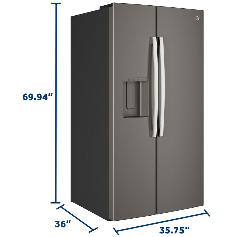 GE 36 in. 27.9 cu. ft. Side-by-Side Refrigerator with Ice & Water Dispenser - Slate, Slate, hires