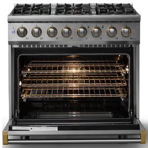 Viking 5 Series 36 in. 5.6 cu. ft. True European Convection Dual Fuel Range with 6 Sealed Burners - Stainless Steel - Natural Gas, Brushed Brass Trim Option, , hires