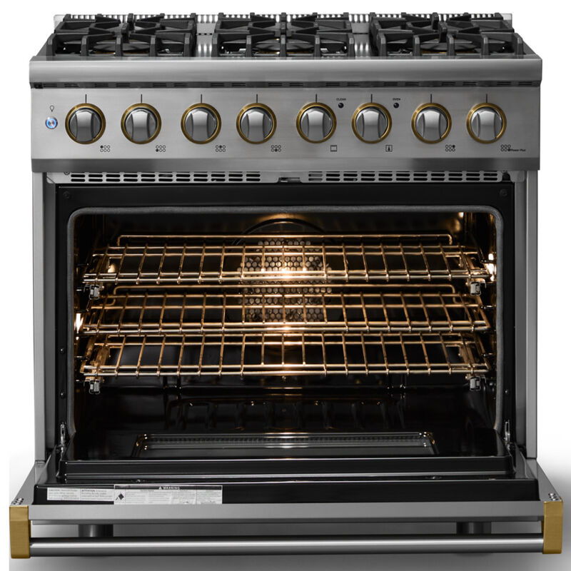 Viking 5 Series 36 in. 5.6 cu. ft. True European Convection Dual Fuel Range with 6 Sealed Burners - Stainless Steel - Natural Gas, Brushed Brass Trim Option, , hires