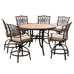 Hanover Monaco 7-Piece 56" Round Porcelain Top Bar Height Dining Set with Swivel Chairs - Tan, , hires