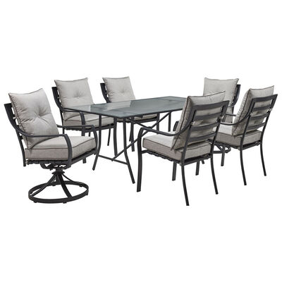 Hanover Lavallette 7-Piece Dining Set with 4 Chairs, 2 Swivel Rockers, and a 66" x 38" Glass Table | LAVDN7SW2SLV