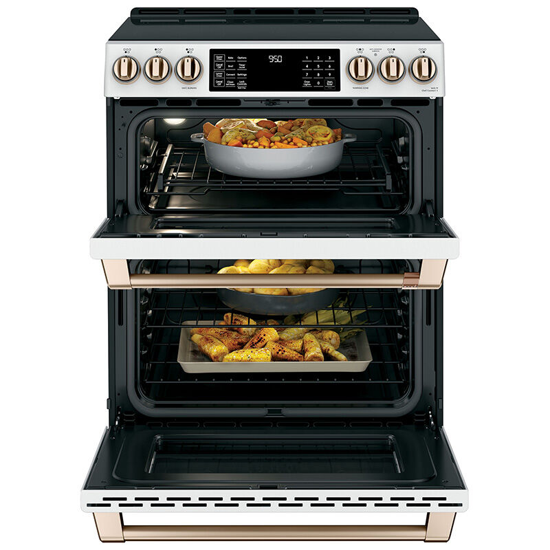 Cafe 30 in. 6.7 cu. ft. Smart Air Fry True European Convection Double Oven Slide-In Electric Range with 5 Induction Burners - Matte White, Matte White, hires