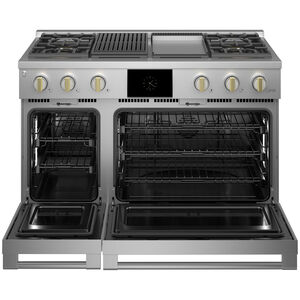 Monogram Statement Series 48 in. 8.2 cu. ft. Smart Air Fry True European Convection Double Oven Dual Fuel Range with 4 Sealed Burners, Grill & Griddle - Stainless Steel, , hires