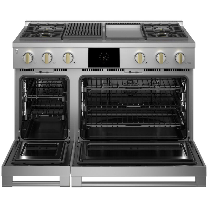 Monogram Statement Series 48 in. 8.2 cu. ft. Smart Air Fry True European Convection Double Oven Dual Fuel Range with 4 Sealed Burners, Grill & Griddle - Stainless Steel, , hires