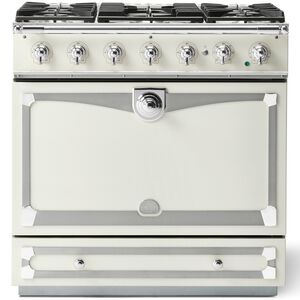 La Cornue Cornufe Series 36 in. 3.8 cu. ft. Dual Convection Dual Fuel Range with 5 Sealed Burners - Pure White - Stainless Steel Trim with Polished Chrome Accents, , hires