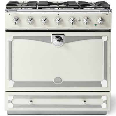 La Cornue Cornufe Series 36 in. 3.8 cu. ft. Dual Convection Dual Fuel Range with 5 Sealed Burners - Pure White - Stainless Steel Trim with Polished Chrome Accents | C9WP