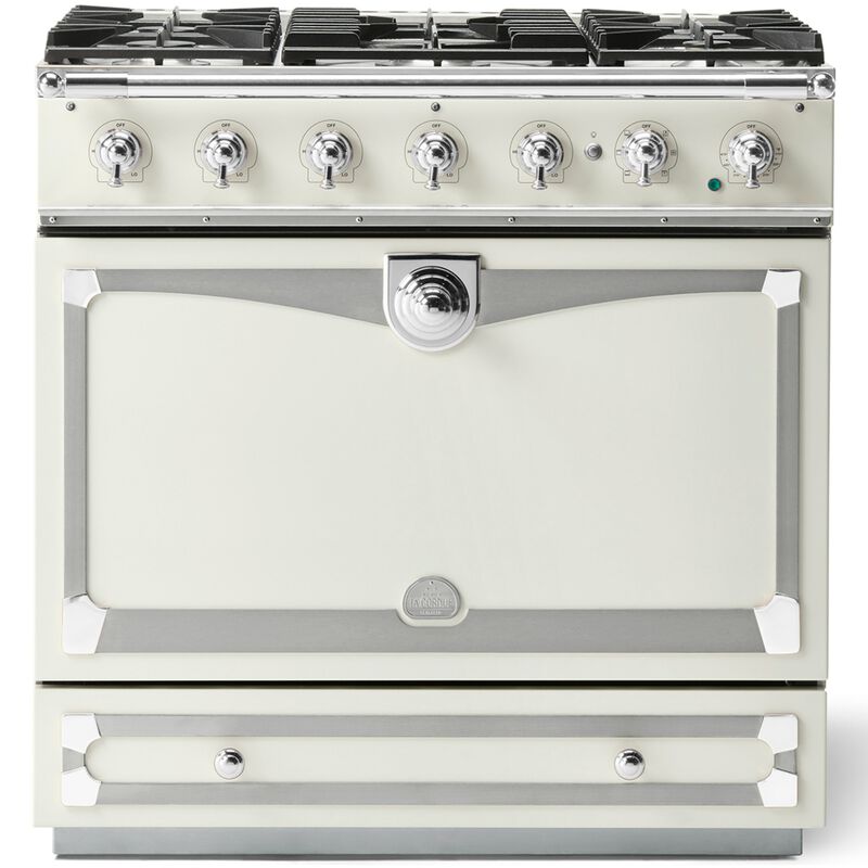 La Cornue Cornufe Series 36 in. 3.8 cu. ft. Dual Convection Dual Fuel Range with 5 Sealed Burners - Pure White - Stainless Steel Trim with Polished Chrome Accents, , hires