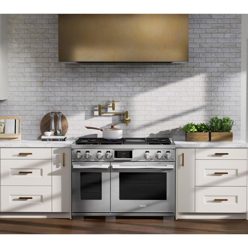 SKS 48 in. 7.9 cu. ft. Smart Standard Convection Double Oven Gas Range with 6 Sealed Burners & Griddle - Stainless Steel, , hires