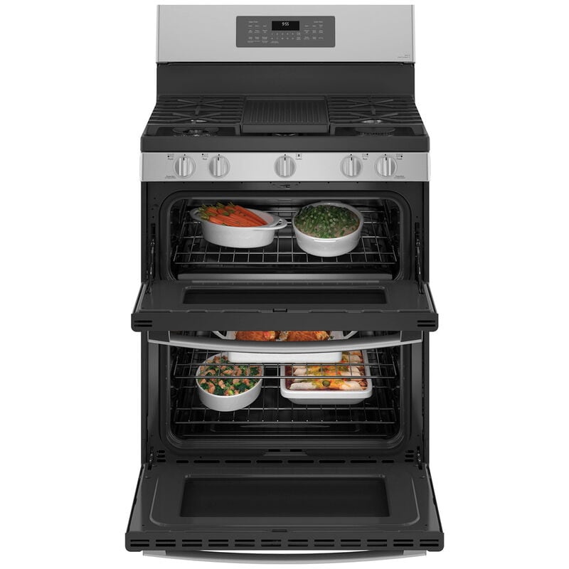 GE Profile 30 in. 6.8 cu. ft. Smart Air Fry True European Convection Double Oven Gas Range with 5 Sealed Burners, Grill & Griddle - Stainless Steel, Stainless Steel, hires