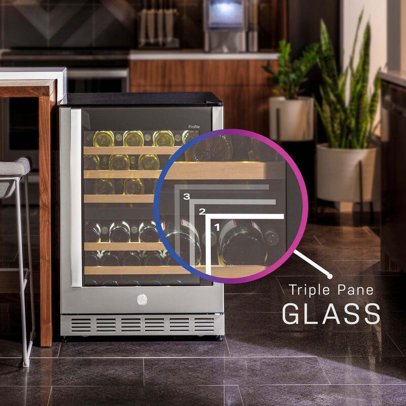 GE 24 in. Undercounter Wine Cooler with Wood Racks, Dual Temperature Zones & 44 Bottle Capacity - Stainless Steel, , hires