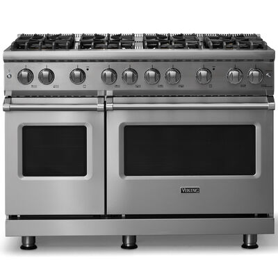 Viking 5 Series 48 in. 6.1 cu. ft. Standard Convection Double Oven Gas Range with 8 Sealed Burners - Stainless Steel - Natural Gas, Polished Chrome Trim Option | VGR54848BSS