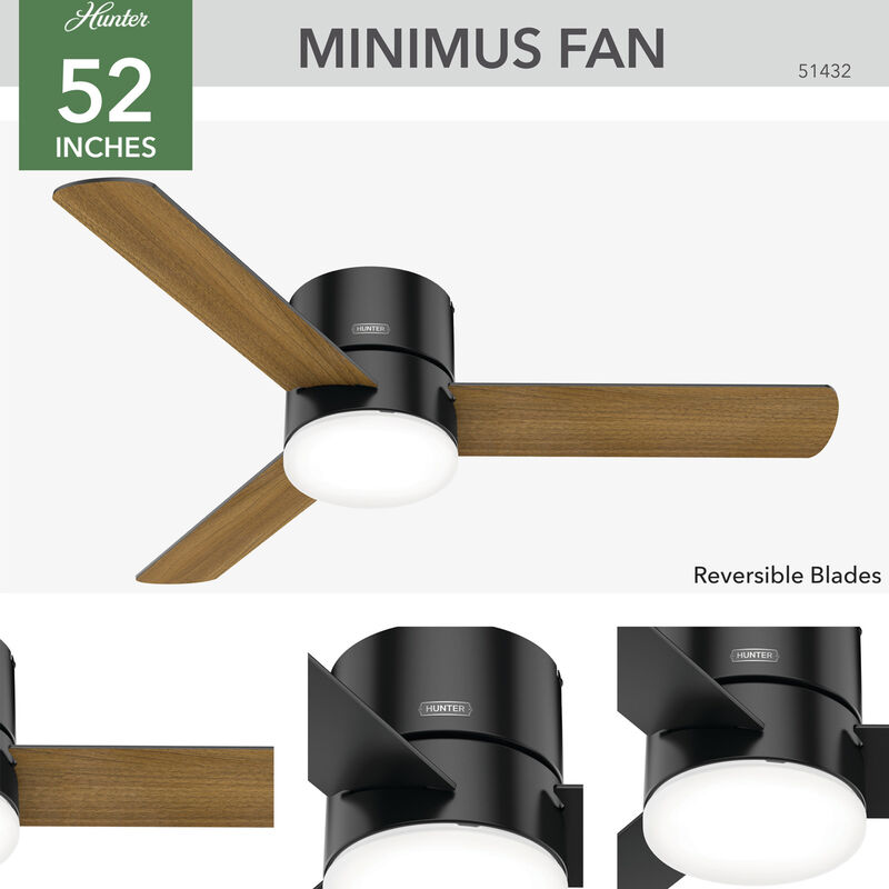 Hunter Minimus 52 in. Low Profile Ceiling Fan with LED Light Kit and Handheld Remote - Matte Black, Matte Black, hires