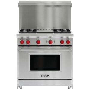 Wolf 36 in. 5.5 cu. ft. Standard Convection Gas Range with 4 Sealed Burners & Griddle - Stainless Steel, , hires