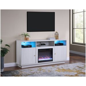 Lilola Ambrose 70"W White Walnut Finish Fireplace TV Stand Console with Heater, LED Light, Cabinets, Shelves, , hires