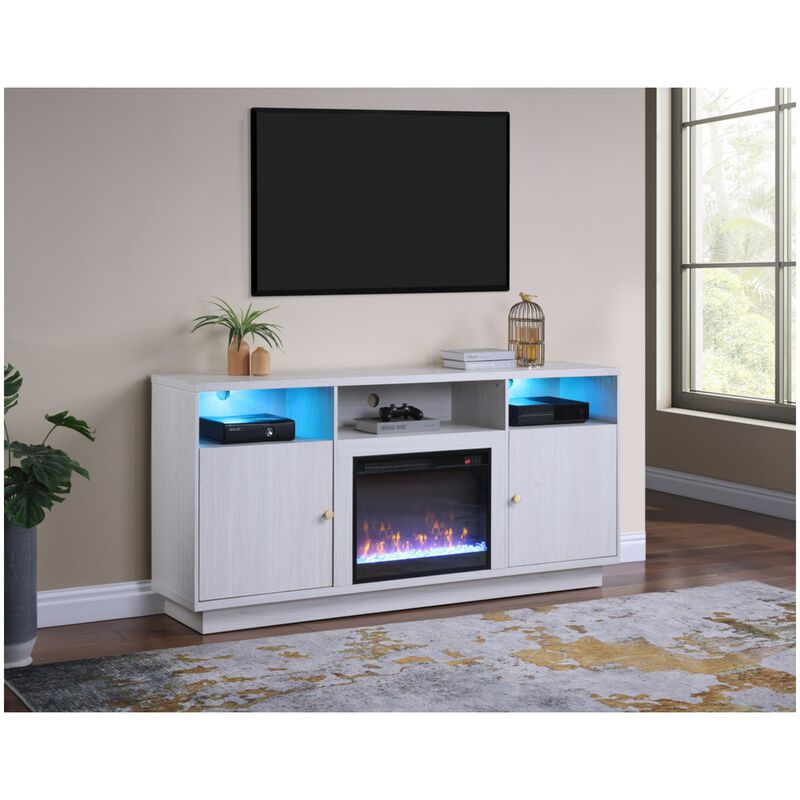 Lilola Ambrose 70"W White Walnut Finish Fireplace TV Stand Console with Heater, LED Light, Cabinets, Shelves, , hires