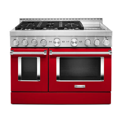 KitchenAid 48 in. 6.3 cu. ft. Smart Convection Double Oven Freestanding Gas Range with 6 Sealed Burners & Griddle - Passion Red | KFGC558JPA