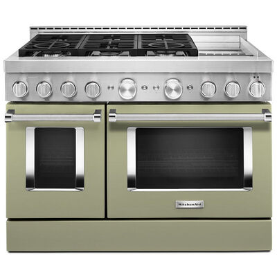 KitchenAid 48 in. 6.3 cu. ft. Smart Convection Double Oven Freestanding Gas Range with 6 Sealed Burners & Griddle - Avocado Cream | KFGC558JAV