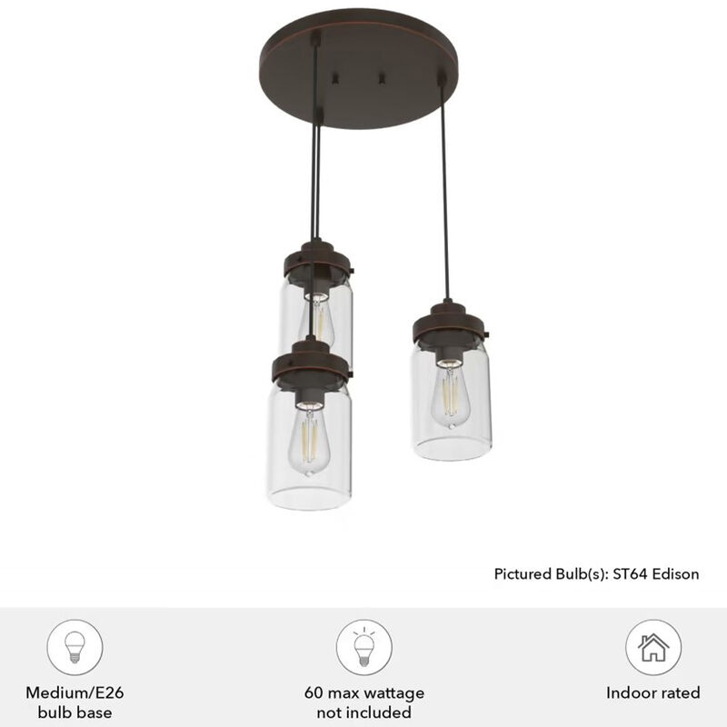 Hunter Devon Park 4.5 in. 3-Light Round Cluster Ceiling Light with Clear Glass - Onyx Bengal, , hires