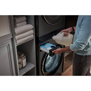 LG 27 in. 5.0 cu. ft. Smart Electric Front Load WashTower with AI Sensor Dry, TurboSteam, Allergiene Cycle, ezDispense, AI DD 2.0 Advanced Washing, Sensor Dry, Sanitize & Steam Cycle - Black Steel, , hires