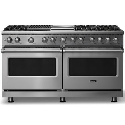 Viking 5 Series 60 in. 9.4 cu. ft. True European Convection Double Oven Dual Fuel Range with 6 Sealed Burners, Grill & Griddle - Stainless Steel - Natural Gas, Polished Chrome Trim Option | VDR56046GQSS