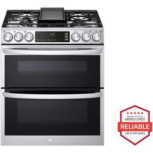 LG 30 in. 6.9 cu. ft. Smart Air Fry True European Convection Double Oven Slide-In Gas Range with 5 Sealed Burners & Griddle - PrintProof Stainless Steel, PrintProof Stainless Steel, hires