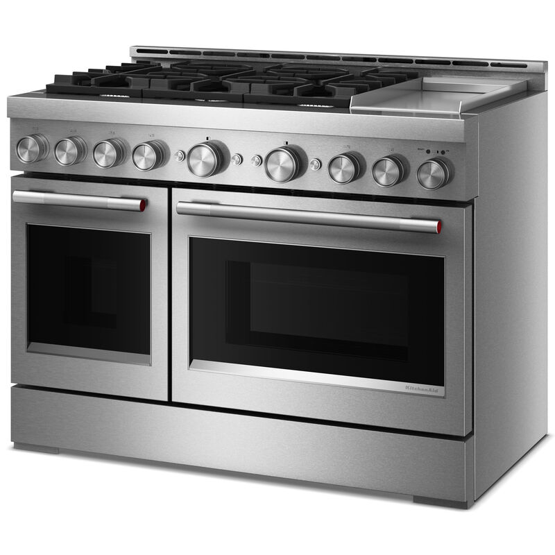 KitchenAid Commercial-Style 48 in. 6.3 cu. ft. Air-Fry True European Convection Double Oven Gas Range with 6 Sealed Burners & Griddle - Stainless Steel, , hires
