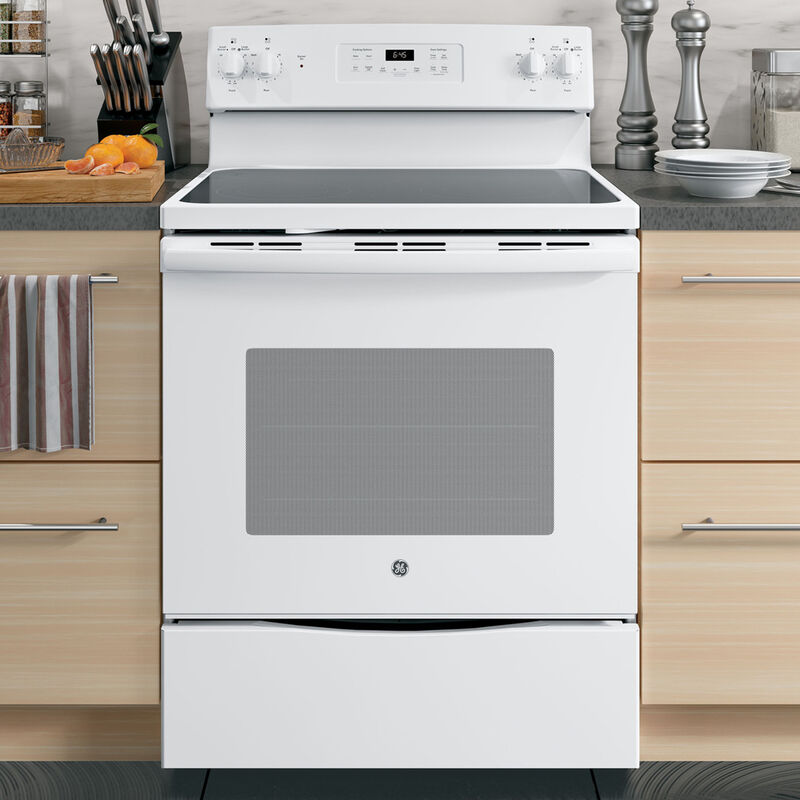 GE 30 in. 5.3 cu. ft. Oven Freestanding Electric Range with 4 Smoothtop Burners - White, White, hires