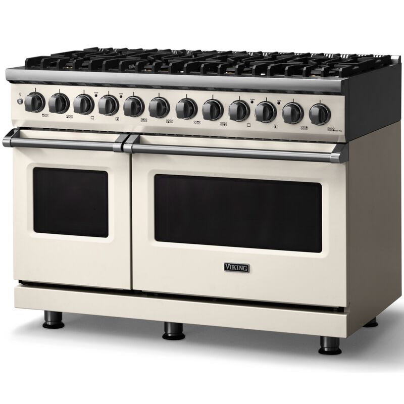 Viking 5 Series 48 in. 7.3 cu. ft. True European Convection Double Oven Dual Fuel Range with 8 Sealed Burners - Pure White - Natural Gas, Polished Chrome Trim Option, , hires
