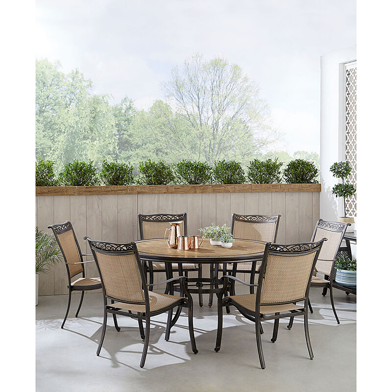 Outdoor Dining Set With 6 Sling Chairs, Hampton Bay Castle Hill Gas Fire Pit