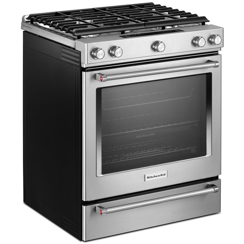 KitchenAid in. 6.5 ft. Convection Oven Slide-In Gas Range with 5 Sealed & Griddle - Stainless Steel P.C. Richard & Son