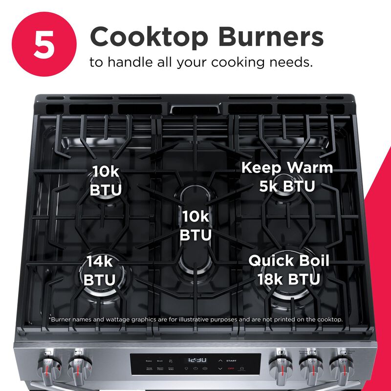Frigidaire 30 in. 5.1 cu. ft. Air-Fry Standard Convection Gas Range with 5 Sealed Burners - Stainless Steel, , hires