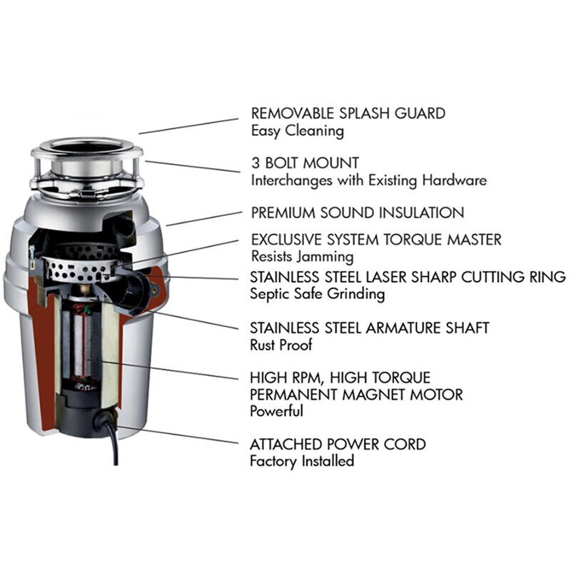 XO 1/2 HP Continuous Feed Waste Disposer with 2500 RPM, Anti-Jam & Noise Reducing Insulation - Stainless Steel, , hires