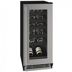U-Line 1 Class Series 15 in. Undercounter Wine Cooler with Single Zone & 24 Bottle Capacity - Glass Door with Stainless Steel Trim, Stainless Steel, hires
