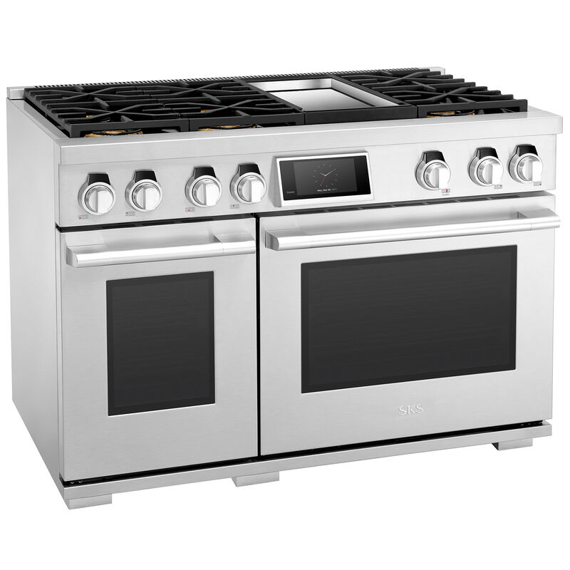 SKS 48 in. 7.9 cu. ft. Smart Standard Convection Double Oven Gas Range with 6 Sealed Burners & Griddle - Stainless Steel, , hires