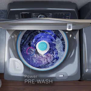 GE Profile 28 in. 5.3 cu. ft. Smart Top Load Washer with Agitator, Smarter Wash Technology, FlexDispense & Sanitize with Oxi - White, White on White, hires