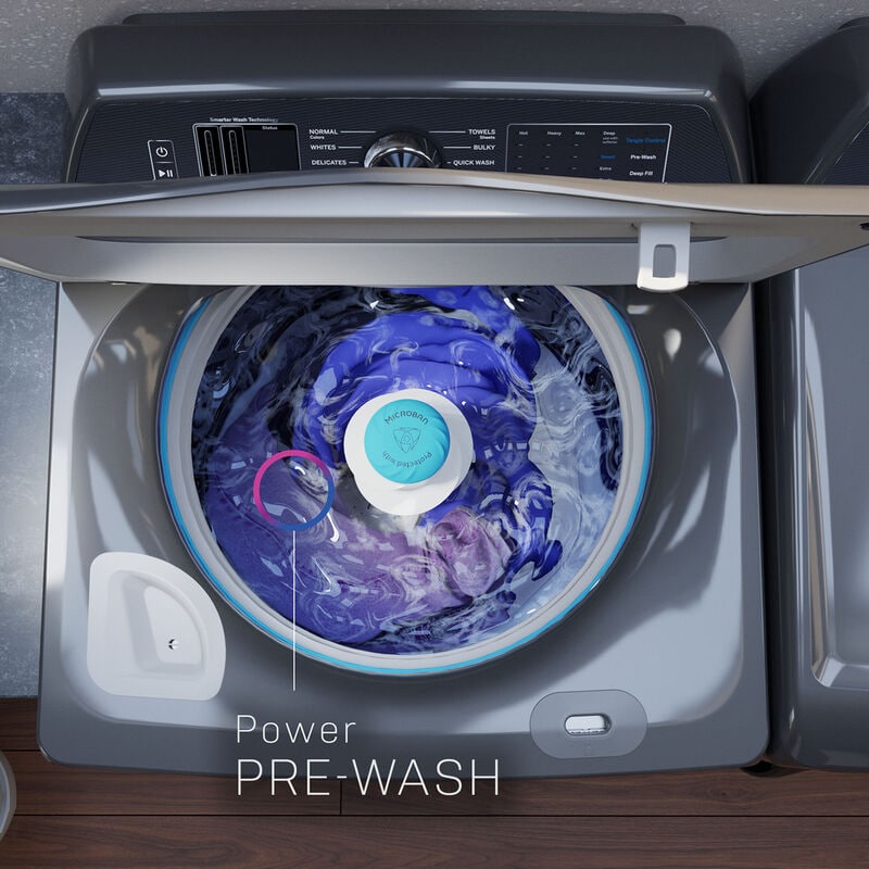 GE Profile 28 in. 5.3 cu. ft. Smart Top Load Washer with Agitator, Smarter Wash Technology, FlexDispense & Sanitize with Oxi - White, White on White, hires