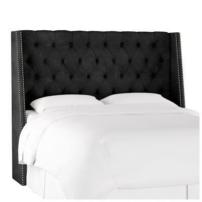 Skyline Twin Nail Button Tufted Wingback Headboard in Velvet - Black | 120NBPWVLVBL