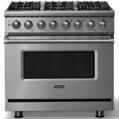 Viking 5 Series 36 in. 5.6 cu. ft. True European Convection Dual Fuel Range with 6 Sealed Burners - Stainless Steel - Natural Gas, Polished Chrome Trim Option | VDR53646BSS