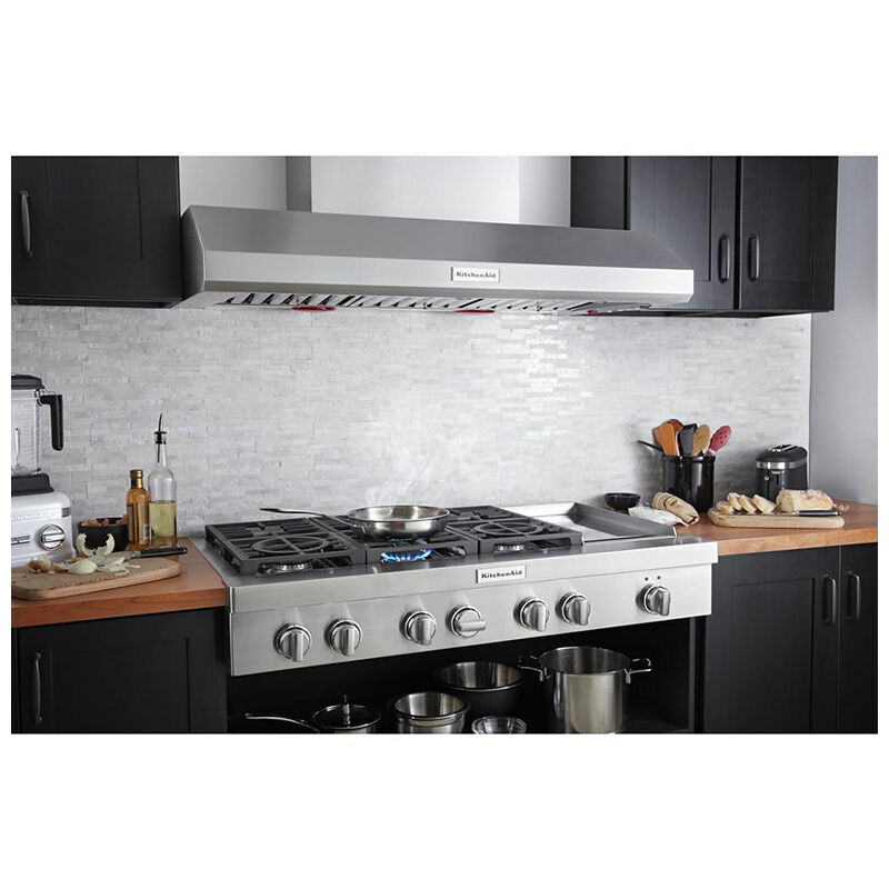 KitchenAid 48 in. Chimney Style Range Hood with 3 Speed Settings, 1170 CFM,  Ducted Venting & 3 LED Lights - Stainless Steel