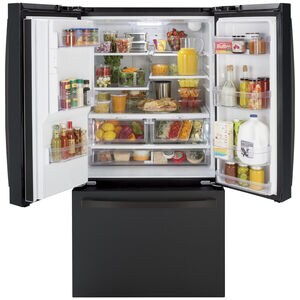 GE 36 in. 25.6 cu. ft. French Door Refrigerator with Ice & Water Dispenser - Fingerprint Resistant Black Slate, Black Slate, hires
