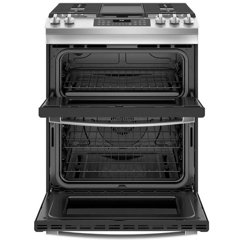 GE 30 in. 6.7 cu. ft. Air Fry True European Convection Double Oven Slide-In Gas Range with 5 Sealed Burners & Griddle - Stainless Steel, , hires