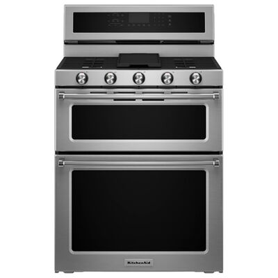 KitchenAid 30 in. 6.7 cu. ft. Convection Double Oven Freestanding Dual Fuel Range with 5 Sealed Burners & Griddle - Stainless Steel | KFDD500ESS