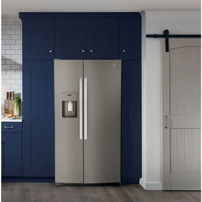 GE 36 in. 25.3 cu. ft. Side by Side Refrigerator with Ice & Water Dispenser - Fingerprint Resistant Slate, Slate, hires