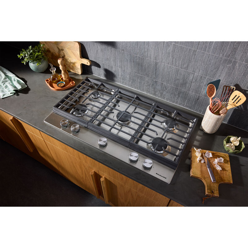 KitchenAid 36 in. 5-Burner Natural Gas Cooktop with Simmer Burner & Power Burner - Stainless Steel, , hires